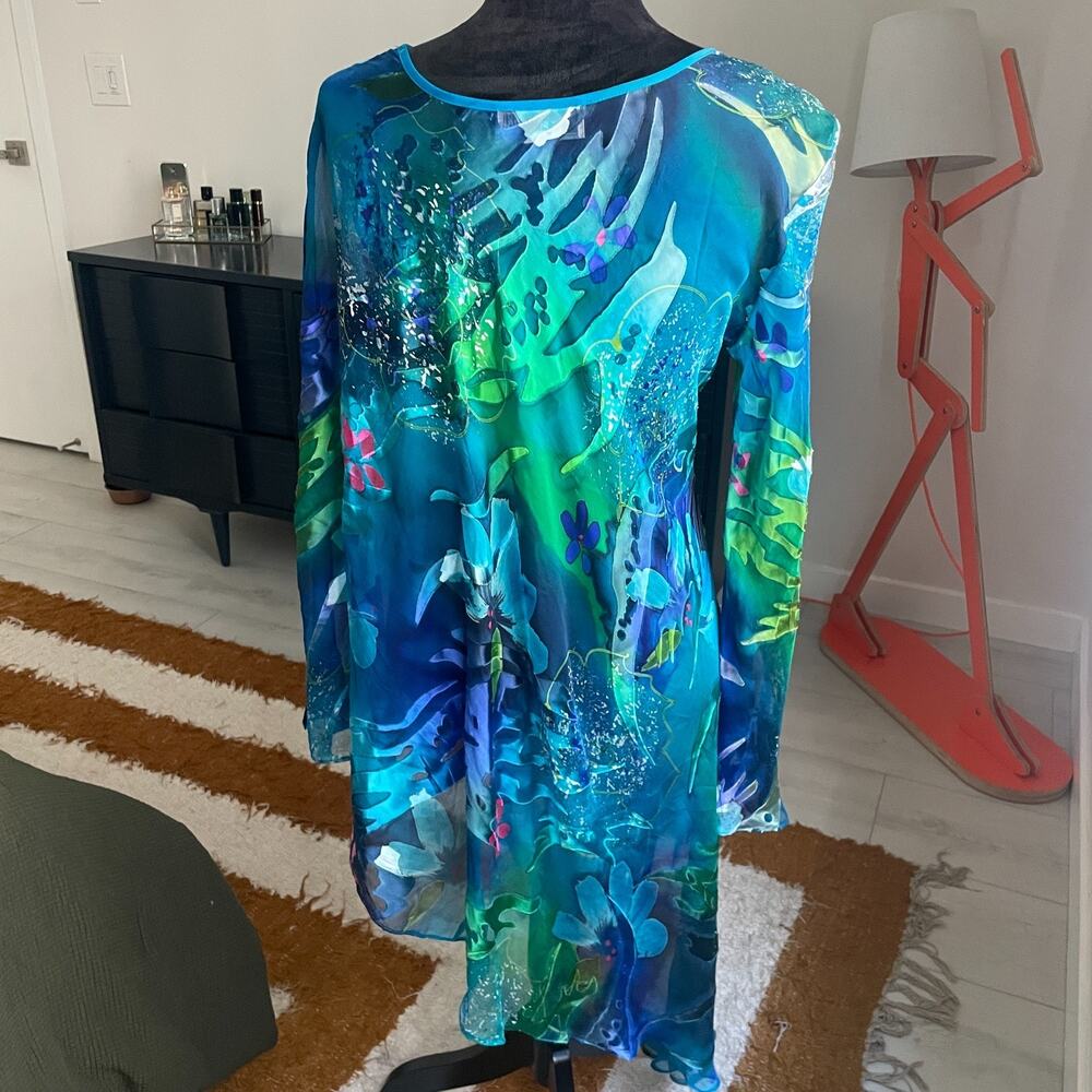 Simply Silk Blue Floral Mermaid Medium Abstract Blue Green Tropical Poncho - Picture 7 of 9